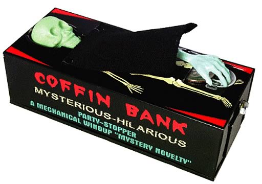 Classic Litho-Tin Windup Coffin Bank (Rocket USA) *SOLD*